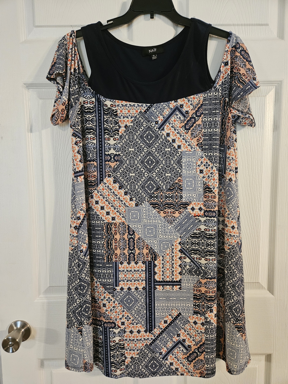 NAIF Navy Blue and Peach Patterned Cold-Shoulder Midi Dress